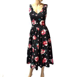 LANZ ORIGINALS Vintage 80s Looks 50s Black  Floral Midi Dress Size 6 Runs Small